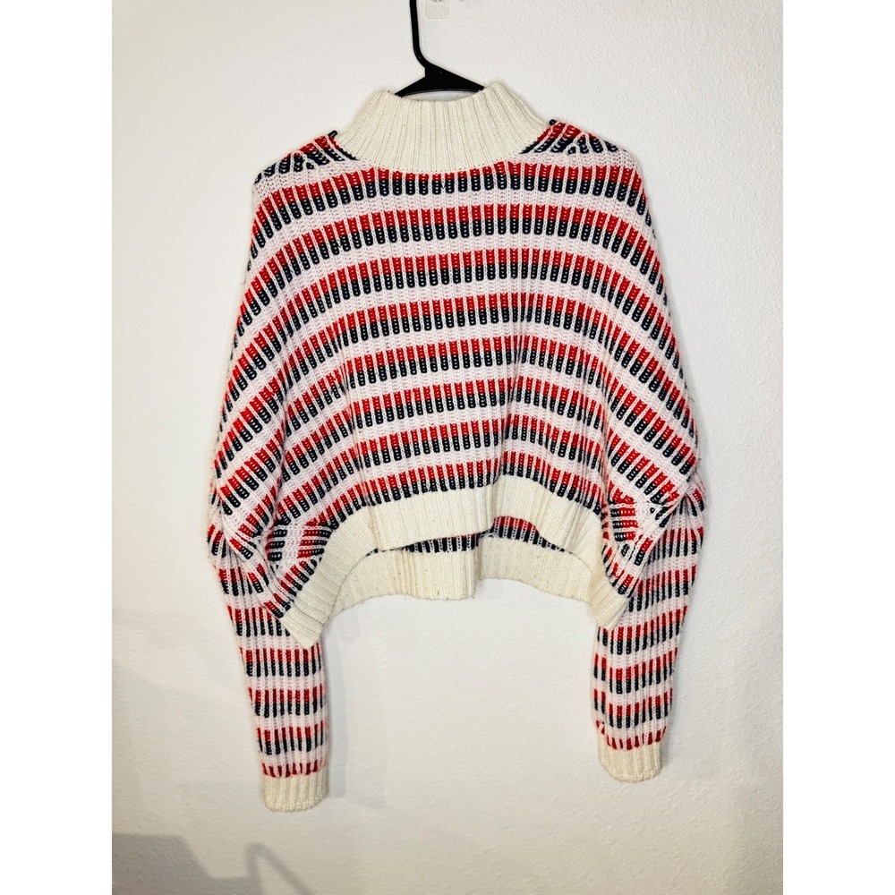 Tommy Jeans Womens Striped Mock Neck Cropped Sweater Chunky‎ Cream Red Blue